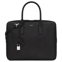 SAINT LAURENT Calfskin Textured Leather Briefcases Small Size Unisex Black