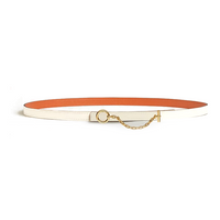 HERMES Calfskin Gold-Plated Leather Belts Women's Orange/White Width 1.3CM