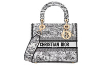DIOR Lady D Lite Embroidery Crossbody One Shoulder Handbag Medium Size Women's White & Black