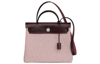 HERMES Herbag Zip Cowhide Patchwork Canvas Handbags Shoulder Bag Crossbody Bag Regular Unisex Saddle Red Woven