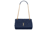 SAINT LAURENT Woven Raffia With Leather Chain Shoulder Bag Medium Size Women's Lake Blue