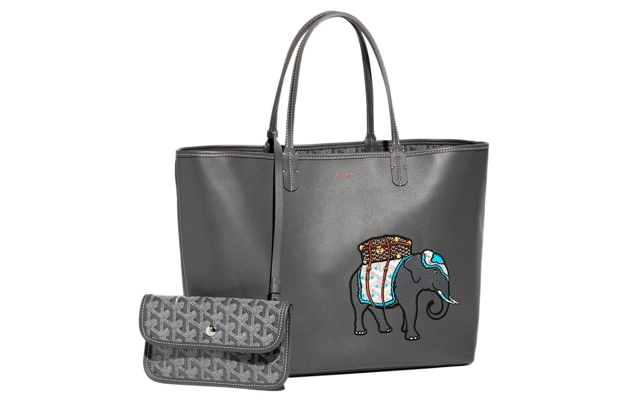 GOYARD Anjou Calfskin Canvas Tote Bag Shopping Bag Handbag Small Size Women's Gray/Blue