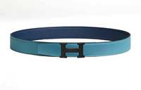 HERMES Letter Style Smooth Buckle Leather Belts Men's Blue Width: 3.2CM