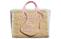 CHANEL Cotton Blend Fabric Handbag Large Size Women's Beige/Pink/Light Green