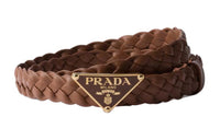 PRADA Woven Design Leather Belts Women's Brown Width 2.5CM
