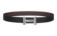 HERMES Letter Etched Silver Buckle Togo Calfskin Double-Sided Leather Belt Men's Black Width: 3.2cm