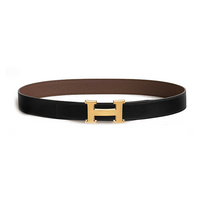 HERMES Calfskin Palladium-Plated Metal Leather Belts Men's Black/Brown Width: 3.2CM