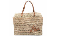 MIU MIU Leather Patchwork With Raffia Handbag Women's Nude