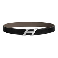 HERMES Metal Calfskin Palladium Leather Belts Men's Black Width: 3.2CM