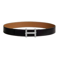 HERMES Brushed Permanent Brass Leather Belts Men's Black 3.8CM