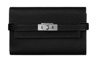 HERMES Epsom Calfskin Wallet Medium Size Unisex Noir Black