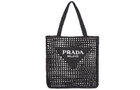 PRADA Raffia Fiber Tote Bag, Shopping Bag, Shoulder Bag, Handbag Women's Black