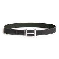 HERMES Calfskin Metal Palladium Leather Belts Men's Black/Green Width: 3.2CM