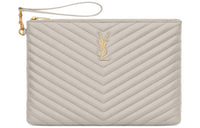 SAINT LAURENT Quilted Leather Tablet Bag Clutch Women's White