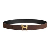HERMES Stainless Steel Calfskin Brass Leather Belts Men's Brown Width: 3.2CM