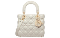 DIOR Lady Dior Grained Wicker Pattern Calfskin Daisie Crossbody One Shoulder Handbag Small Size Women's White