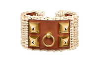 HERMES Calfskin Wicker Gold-Plated Bangles Women's Khaki