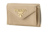 PRADA Saffiano Cow Leather Wallet Women's Stone Gray With Cornflower Blue Accents
