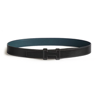 HERMES Calfskin Stainless Steel Rubber Leather Belts Men's Black/Blue Width: 3.2CM