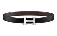 HERMES Logo Silver Buckle Togo Calfskin Double-Sided Leather Belt Women's Black/Dark Brown Width: 3.2cm