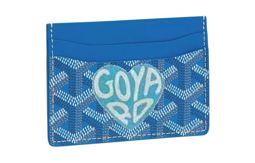GOYARD Canvas With Calfskin Card Clip Card Holder Unisex Sky Blue With Light Blue Accents And Small Heart Design
