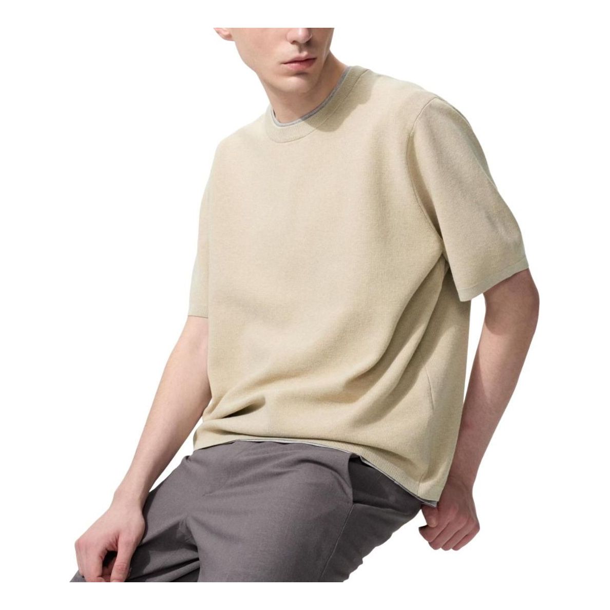 UNIQLO Washable Milano Ribbed Knitted T-Shirt 'Beige' 481726-31