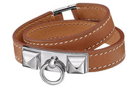 HERMES Calfskin Palladium-Plated Wristbands Women's Brown
