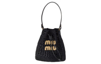 MIU MIU Woven Fabric With Raffia And Leather Handbag, Shoulder Bag Unisex Black