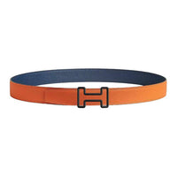 HERMES Calfskin, Stainless Steel, Rubber Leather Belts Men's Orange/Blue Width 3.2CM