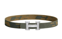 HERMES Individual Silver Buckle Nylon Mesh Double-Sided Belt Men's Gray Green/Dark Green Brown Width 32mm