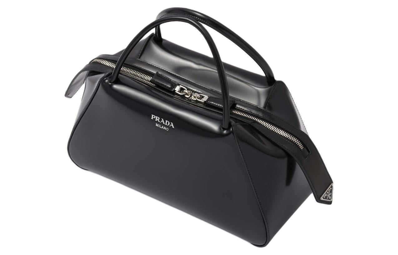 PRADA Brushed Leather Shoulder Bag Crossbody Bag Handbag Medium Size Women's Black