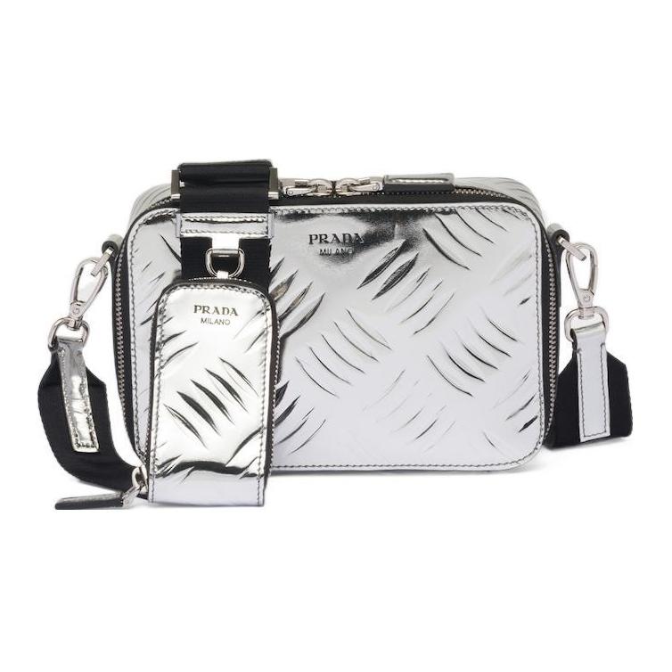 PRADA Brique Leather Crossbody Bag Shoulder Bag Men's Silver