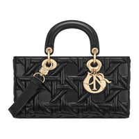 DIOR Lady D-JOY Wicker Pattern Cow Leather Shoulder Bag Crossbody Bag Handbag Medium Size Women's Black