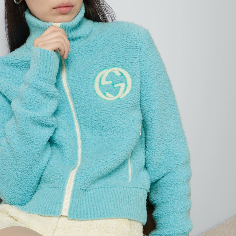 (WMNS) Gucci Interlocking G Extrafine Wool Zip Up Cardigan 'Light Blue' 772342-XKDMG-4452