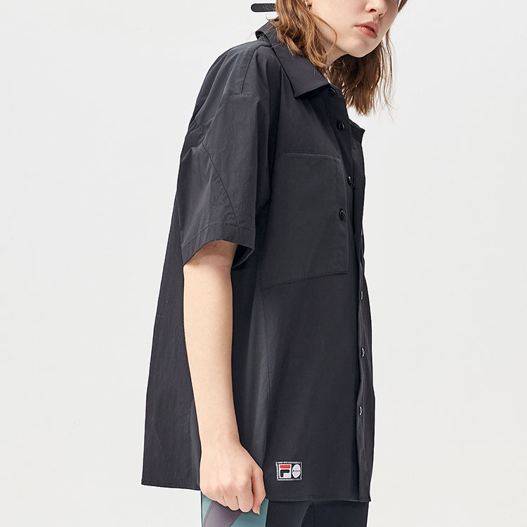 FILA FUSION Logo Printing Cargo Loose Woven Short Sleeve Shirt Couple Style Black T11U126402F-BK