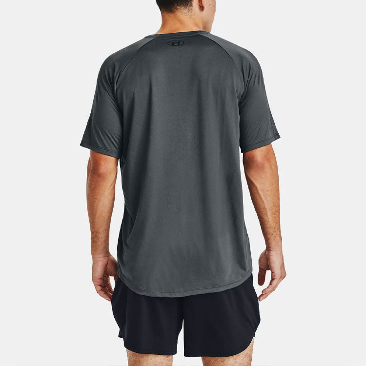 Men's Under Armour Tech Triple Logo Printing Sports Round Neck Short Sleeve Gray 1361504-012