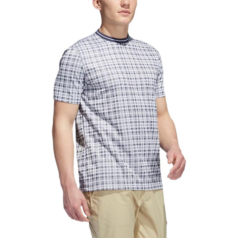Men's adidas Adicross Golf Sports Plaid Round Neck Short Sleeve White / Slightly Blue T-Shirt HF9097