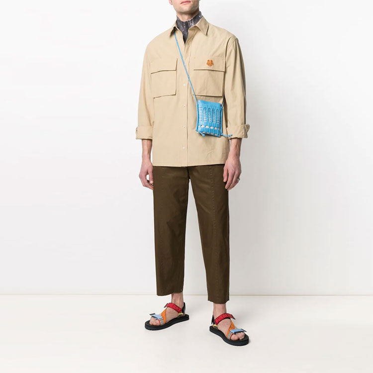 Men's KENZO SS21 Small Tiger Head Pocket Military Long Sleeves Shirt Beige FB55CH5039SA-11