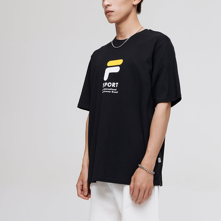 Men's FILA FUSION Cartoon Logo Printing Knit Sports Round Neck Short Sleeve Black T11M122103F-BK