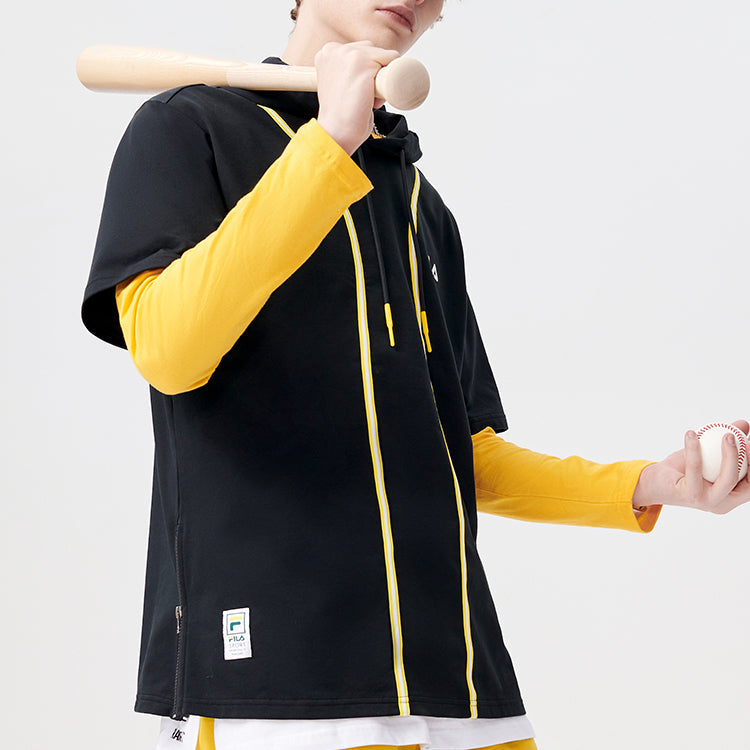 Men's FILA FUSION Contrasting Colors Stripe Splicing Knit hooded Short Sleeve Black T11M122501F-BK