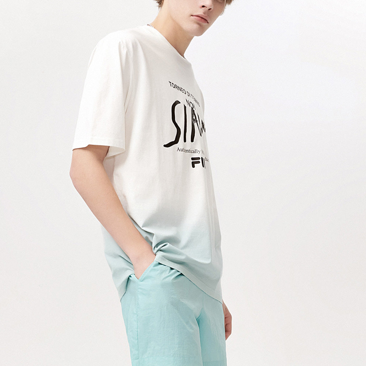 FILA FUSION Gradient Printing Alphabet Loose Knit Short Sleeve Blue T11M121113F-WT