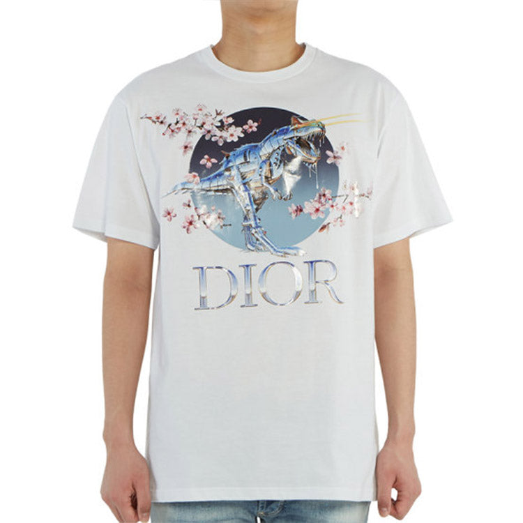 Men's DIOR x Sorayama Crossover Sakura Dragon Printing Short Sleeve White 933J602B0533-085