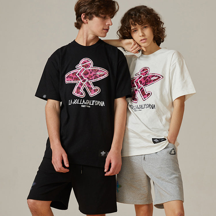 PJs Vigor Surf Leopard print Embroidered Cotton Short Sleeve Unisex Black 20SSTS1015-P