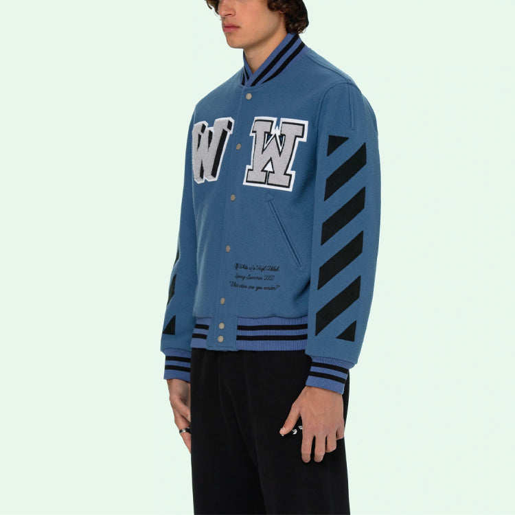 Off-White SS21 Alphabet Pattern Long Sleeves Baseball Collar Jacket Blue OMEA267R21FAB0014010