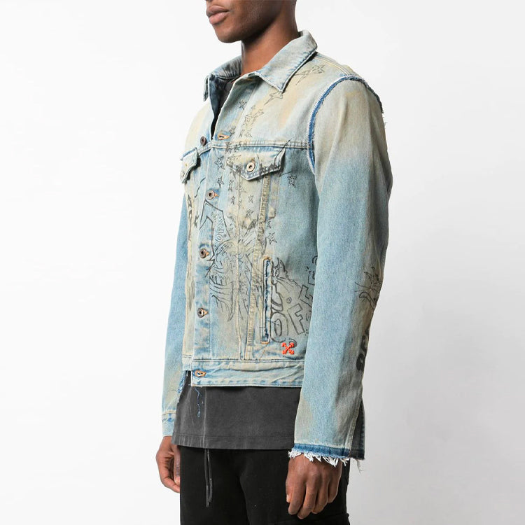 Men's Off-White Graffiti Denim Blue Jacket OMYE049F193860441428