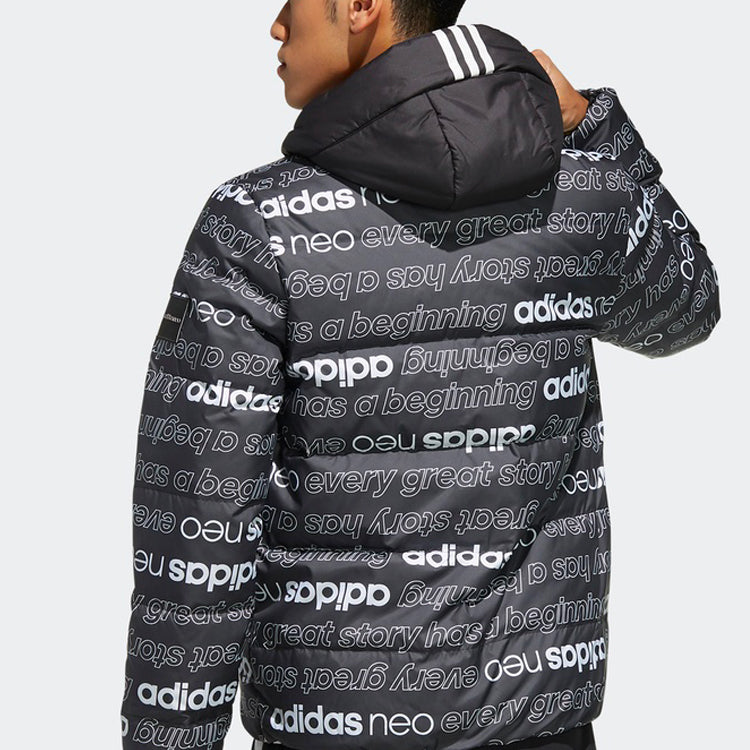 adidas neo Alphabet Full Print hooded down Jacket Black EI4372