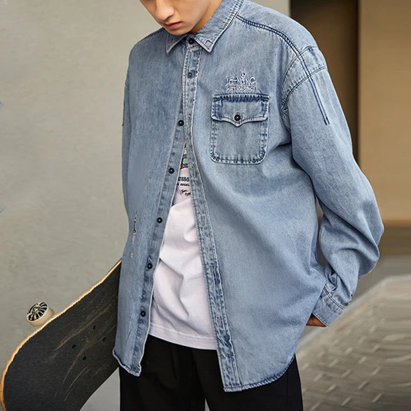 Li-Ning Skateboard Series Logo Embroidered Loose Washed Denim Shirt 'Light Blue' ASHS011-1