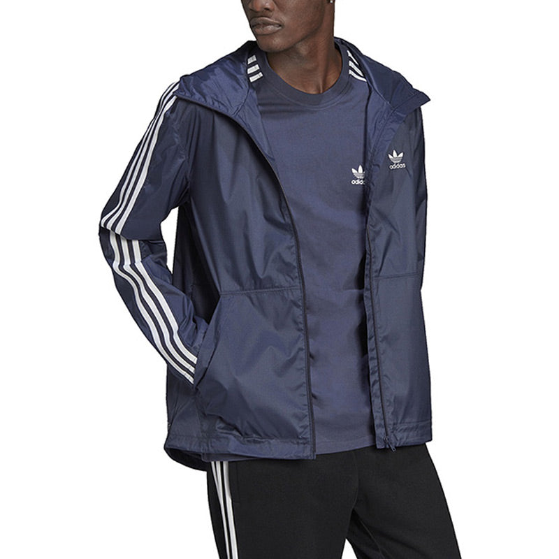 adidas originals Logo Micro Mark Stripe Athleisure Casual Sports hooded Woven Jacket Navy Blue HC2007
