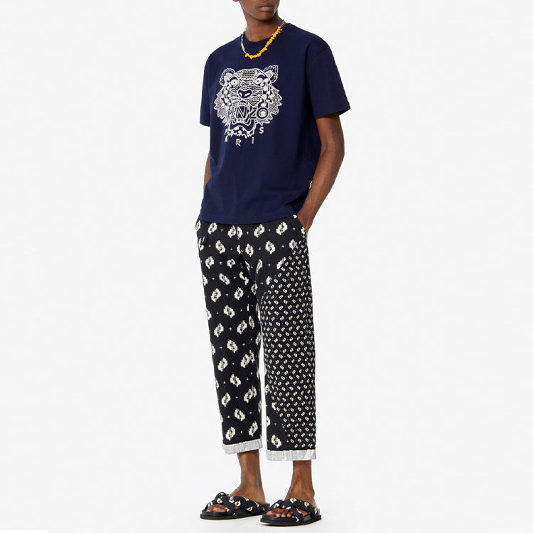 Men's KENZO Ikat Tie Dye Tiger Head Embroidered Short Sleeve Midnight Blue T-Shirt FA55TS0854YK-77