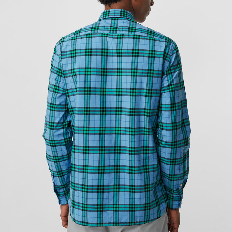 Men's Burberry Cotton Long Sleeves Plaid Shirt Blue 80031001